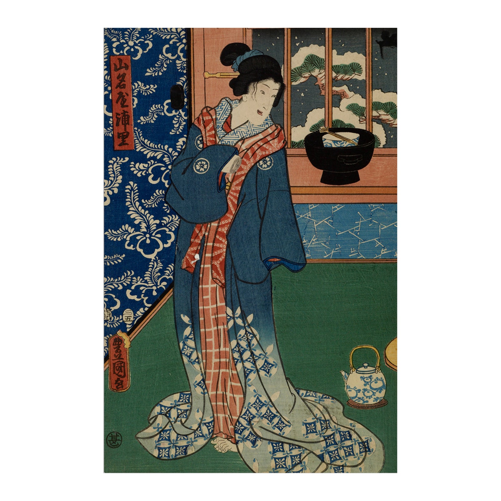 Courtesan by a Hibachi as Snow Falls Outside Matted Print